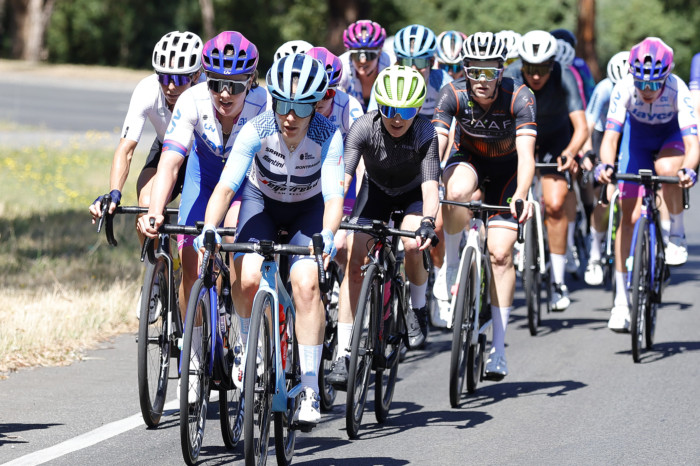 Amanda Spratt leads the elite women's peloton in the road race during the 2023 Road National Championships in Ballarat